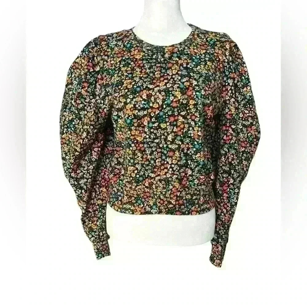 Zara Cotton Colorful Floral Balloon Long Sleeve Sweater Top. Size M